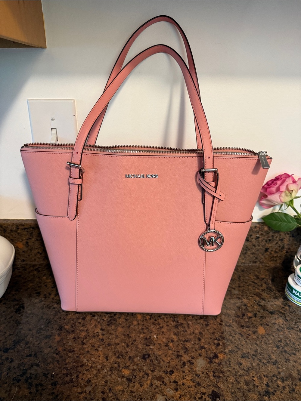 Michael Kors Rose Pink Saffiano Leather Tote with Silver Hardware